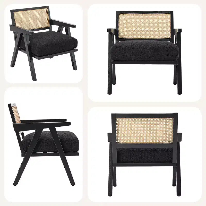 Acekool Poltrona moderna di metà secolo, Sedia da salotto con struttura in legno e schienale in rattan e spesso cuscino in lino per soggiorno, camera da letto, angolo lettura