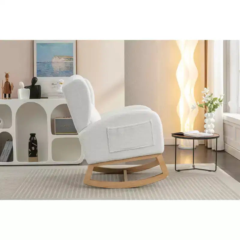 Sedia a dondolo in tessuto Teddy, gambe in legno di faggio, uso domestico, avorio