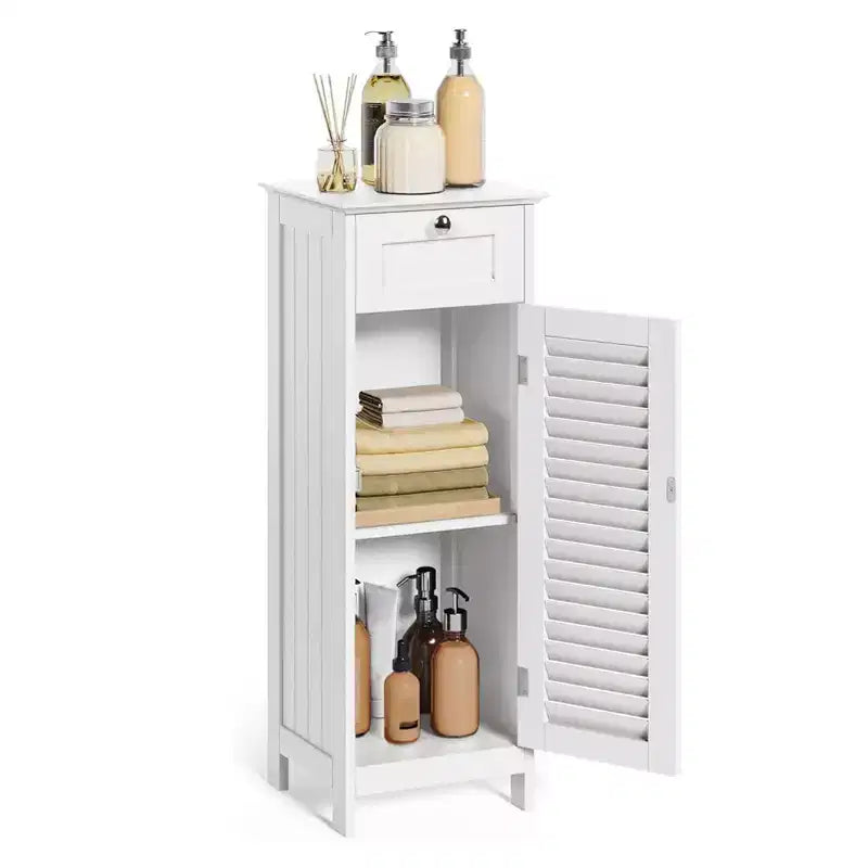 Mobiletto a colonna stretto, sottile, autoportante e minimalista - con cassetto e anta a persiana, per bagno, soggiorno, camera da letto, ingresso, colore bianco