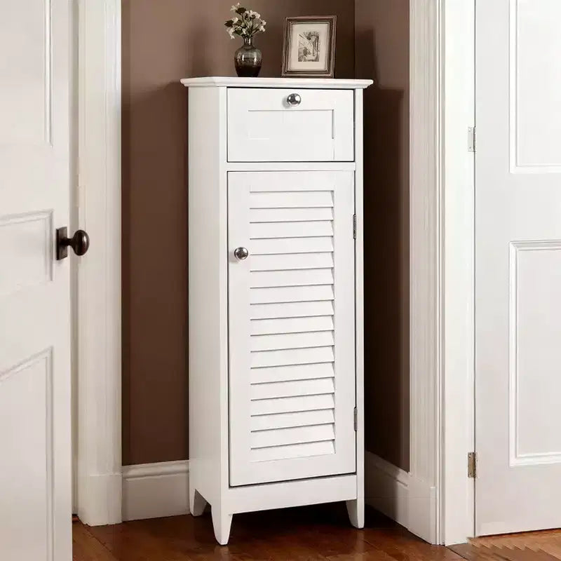Mobiletto a colonna stretto, sottile, autoportante e minimalista - con cassetto e anta a persiana, per bagno, soggiorno, camera da letto, ingresso, colore bianco