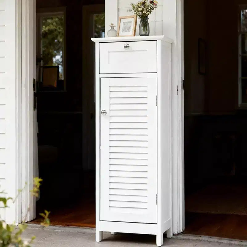 Mobiletto a colonna stretto, sottile, autoportante e minimalista - con cassetto e anta a persiana, per bagno, soggiorno, camera da letto, ingresso, colore bianco