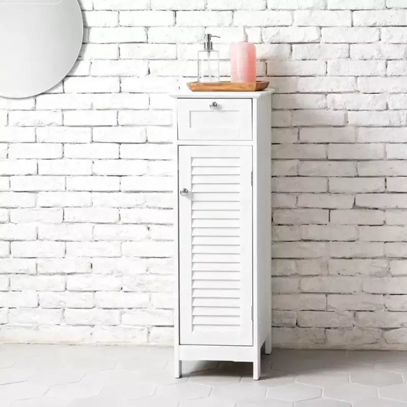 Mobiletto a colonna stretto, sottile, autoportante e minimalista - con cassetto e anta a persiana, per bagno, soggiorno, camera da letto, ingresso, colore bianco
