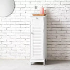 Mobiletto a colonna stretto, sottile, autoportante e minimalista - con cassetto e anta a persiana, per bagno, soggiorno, camera da letto, ingresso, colore bianco