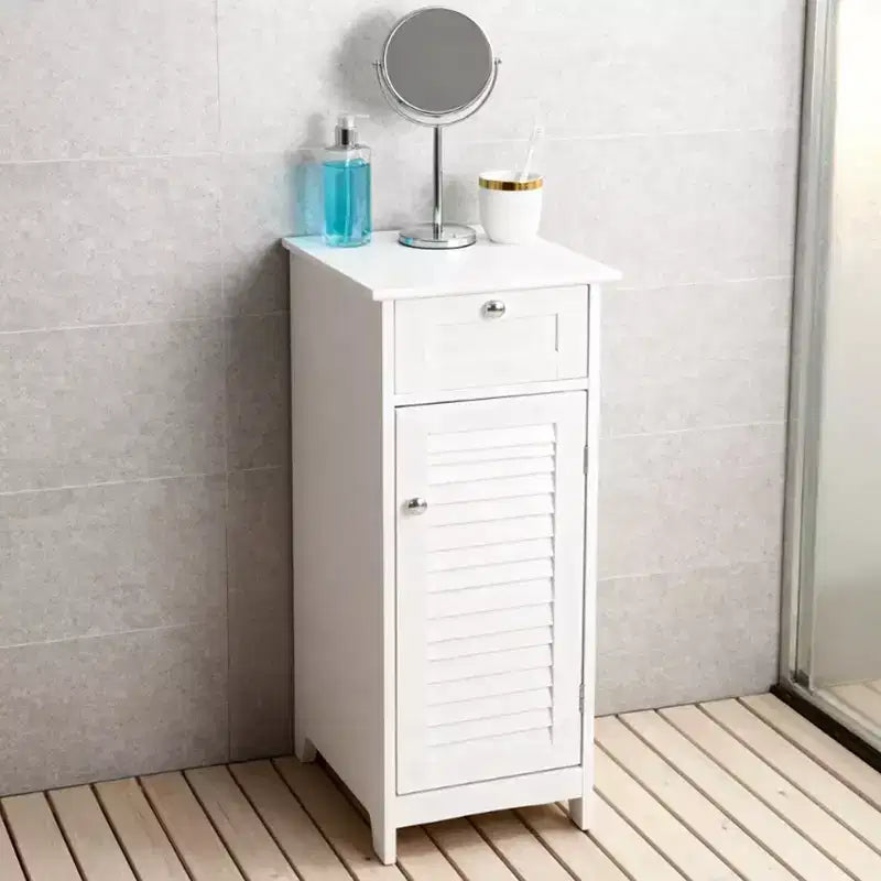 Mobiletto a colonna stretto, sottile, autoportante e minimalista - con cassetto e anta a persiana, per bagno, soggiorno, camera da letto, ingresso, colore bianco