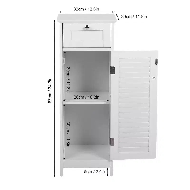 Mobiletto a colonna stretto, sottile, autoportante e minimalista - con cassetto e anta a persiana, per bagno, soggiorno, camera da letto, ingresso, colore bianco