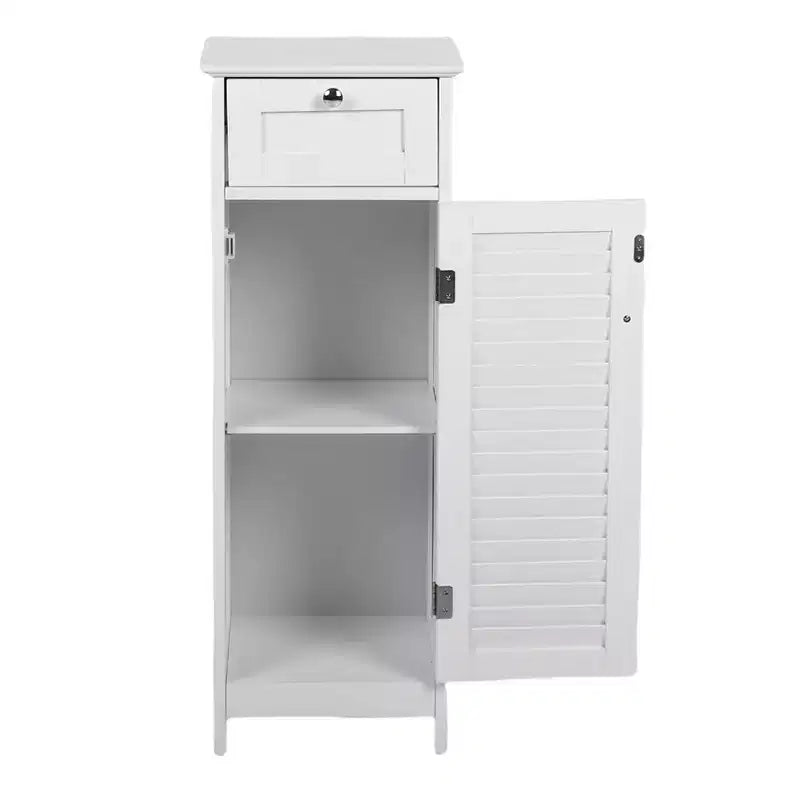 Mobiletto a colonna stretto, sottile, autoportante e minimalista - con cassetto e anta a persiana, per bagno, soggiorno, camera da letto, ingresso, colore bianco