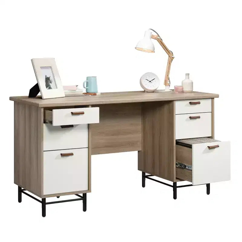 Scrivania da ufficio moderna Ellington 56 in legno a 6 cassetti con base in metallo