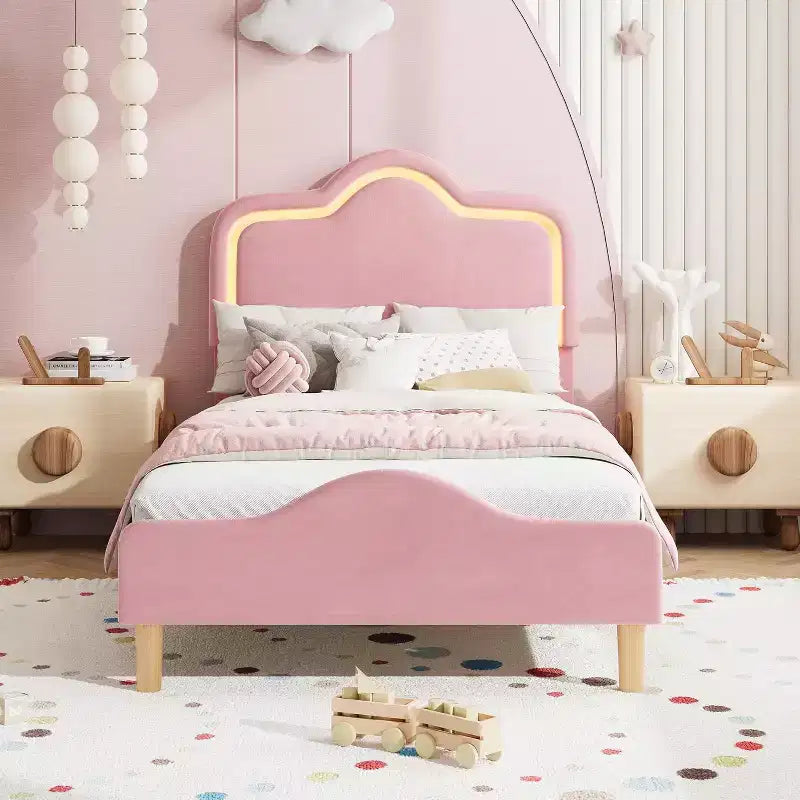 Letto a piattaforma in velluto completo/matrimoniale/queen con testiera e pediera regolabili, supporto a doghe in legno, nessun materasso a molle richiesto, beige
