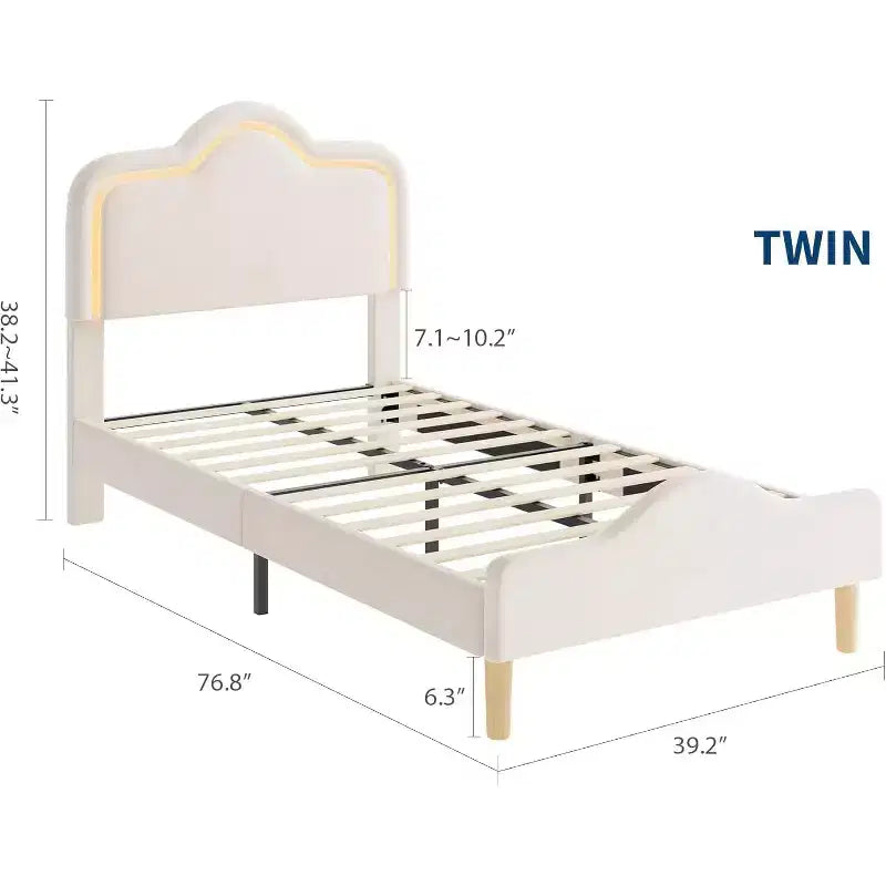Letto a piattaforma in velluto completo/matrimoniale/queen con testiera e pediera regolabili, supporto a doghe in legno, nessun materasso a molle richiesto, beige