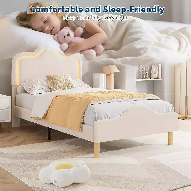 Letto a piattaforma in velluto completo/matrimoniale/queen con testiera e pediera regolabili, supporto a doghe in legno, nessun materasso a molle richiesto, beige