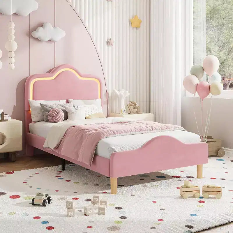 Letto a piattaforma in velluto completo/matrimoniale/queen con testiera e pediera regolabili, supporto a doghe in legno, nessun materasso a molle richiesto, beige