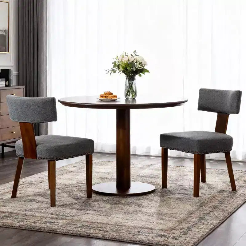 Set di 2 sedie da pranzo imbottite in lino in stile Mid-Century con borchie e telaio in legno, senza braccioli, per sala da pranzo o appartamento
