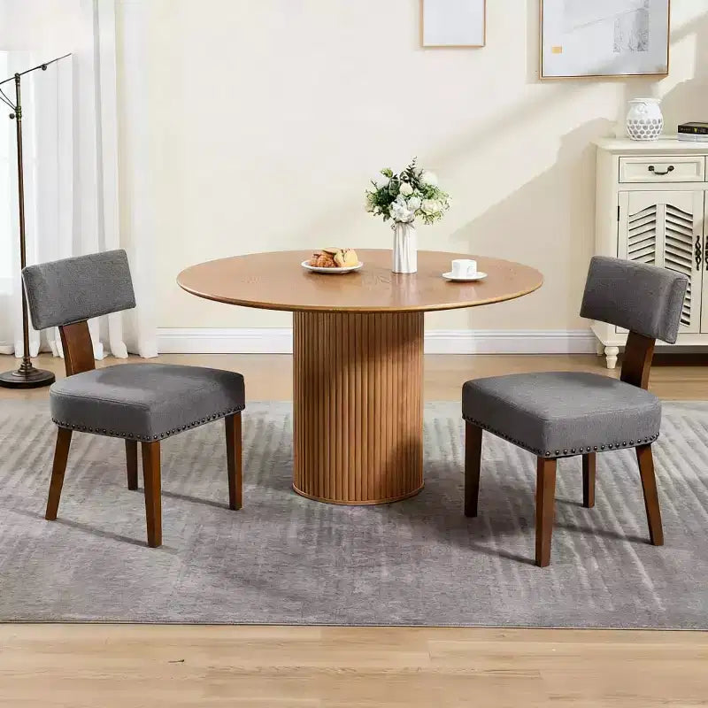Set di 2 sedie da pranzo imbottite in lino in stile Mid-Century con borchie e telaio in legno, senza braccioli, per sala da pranzo o appartamento