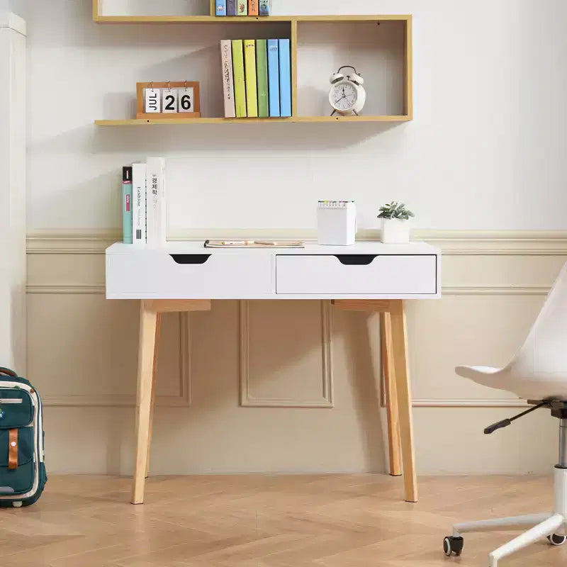 Scrivania piccola con cassetti, Scrivania per bambini per camera da letto, Tavolo studio rettangolare in MDF con contenitore per casa, ufficio, Bianco + Legno