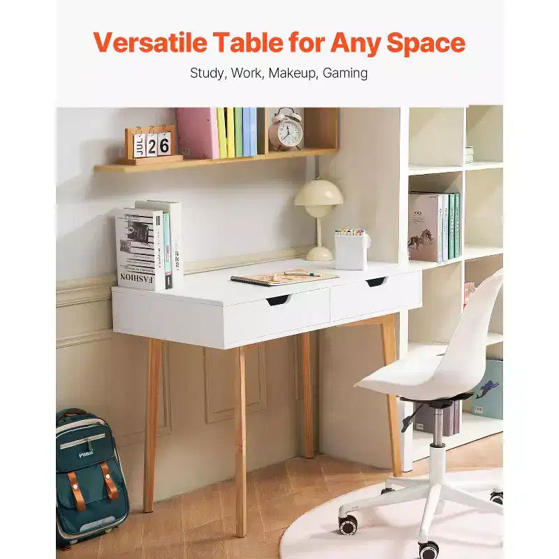 Scrivania piccola con cassetti, Scrivania per bambini per camera da letto, Tavolo studio rettangolare in MDF con contenitore per casa, ufficio, Bianco + Legno
