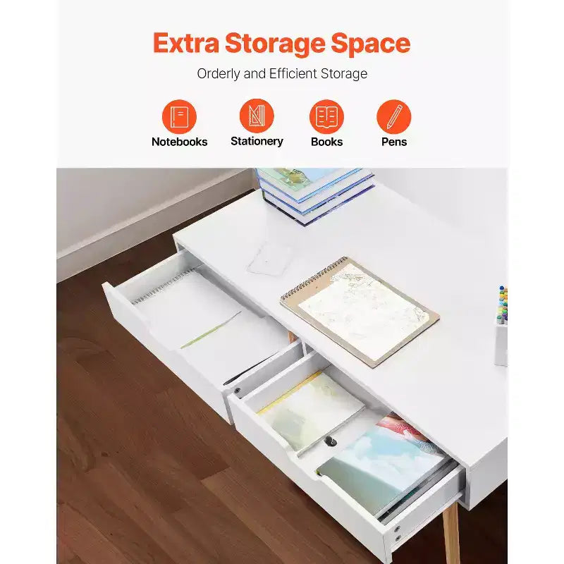 Scrivania piccola con cassetti, Scrivania per bambini per camera da letto, Tavolo studio rettangolare in MDF con contenitore per casa, ufficio, Bianco + Legno