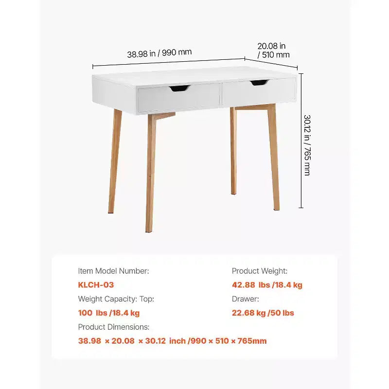 Scrivania piccola con cassetti, Scrivania per bambini per camera da letto, Tavolo studio rettangolare in MDF con contenitore per casa, ufficio, Bianco + Legno