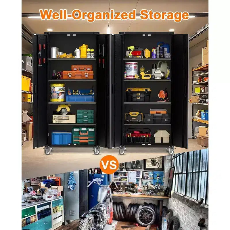 Armadio Metallico con Ruote, Organizer in Acciaio con Chiusura a Chiave, Pannello Forato e 4 Ripiani Regolabili per Garage, Casa, Ufficio