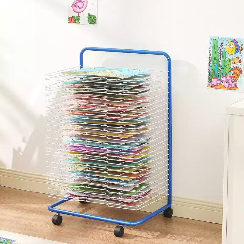 Stendino per opere d'arte, 25 ripiani rimovibili 60,3 x 44,5 x 96,5 cm, stendino per pittura con ruote bloccabili, stendino per pittura in acciaio al carbonio, blu+bianco
