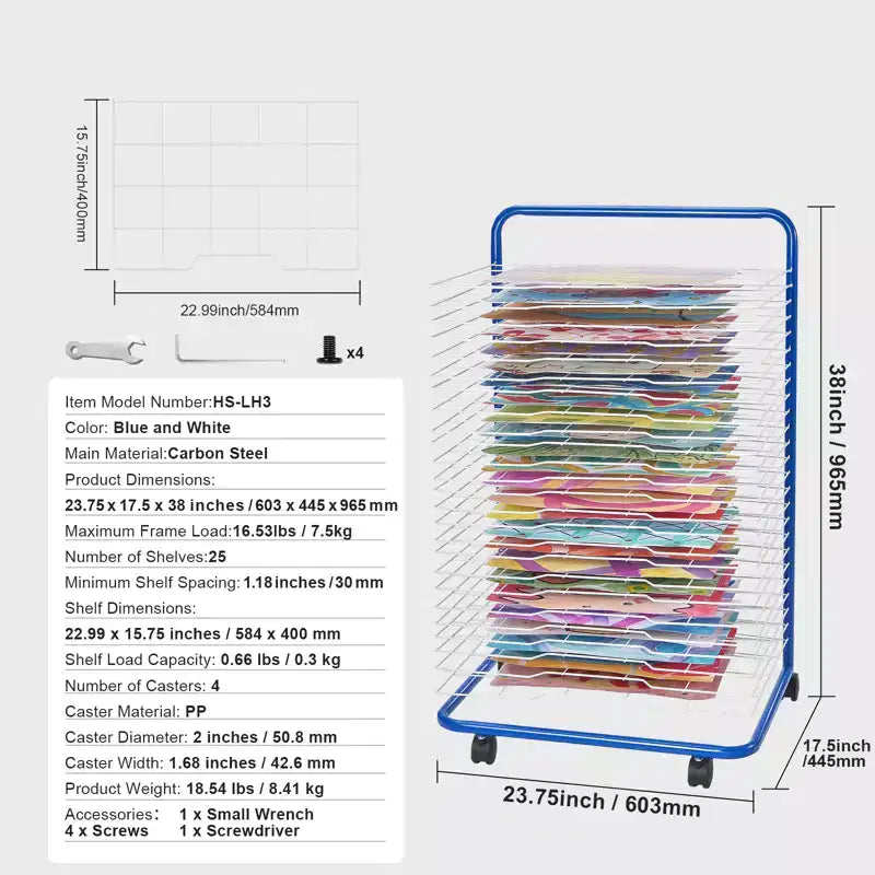 Stendino per opere d'arte, 25 ripiani rimovibili 60,3 x 44,5 x 96,5 cm, stendino per pittura con ruote bloccabili, stendino per pittura in acciaio al carbonio, blu+bianco