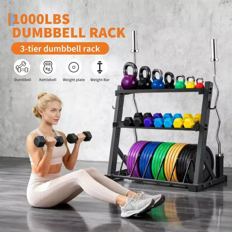 3 Tier Barbell Storage Racks, 1000 LBS Capacity Adjustable Weight Rack for Dumbbell, Kettlebell, Barbell Bar(Q235 Carbon Steel)