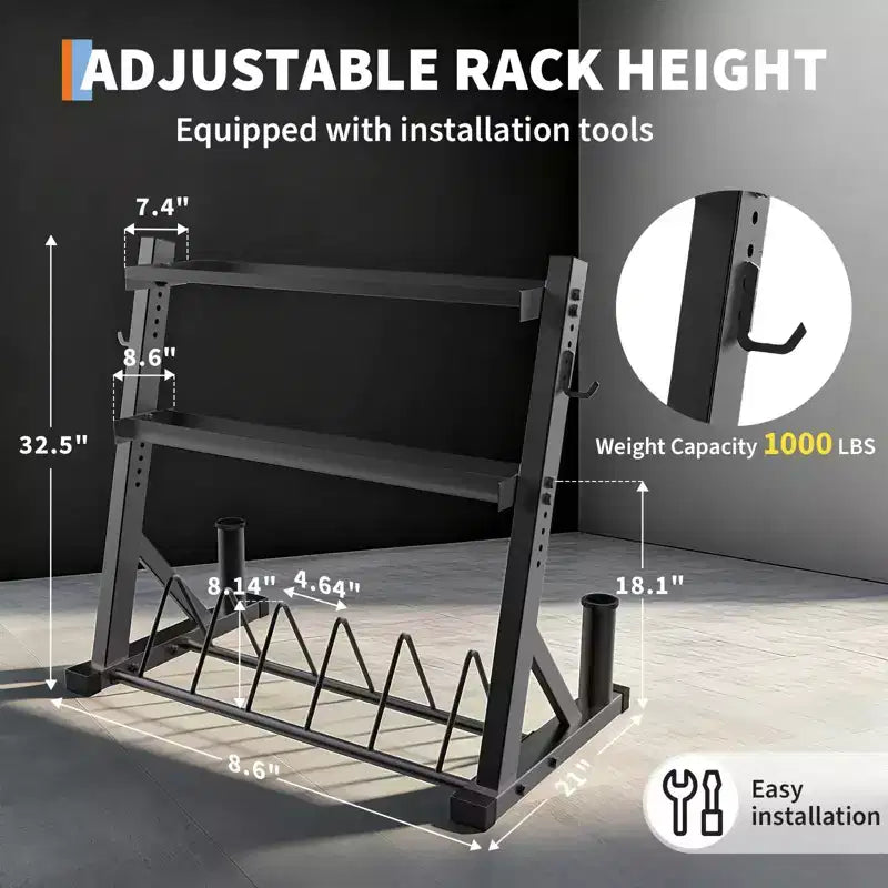 Rastrelliere per bilancieri a 3 ripiani, capacità 450 kg, rastrelliera regolabile per manubri, kettlebell, bilancieri (acciaio al carbonio Q235)
