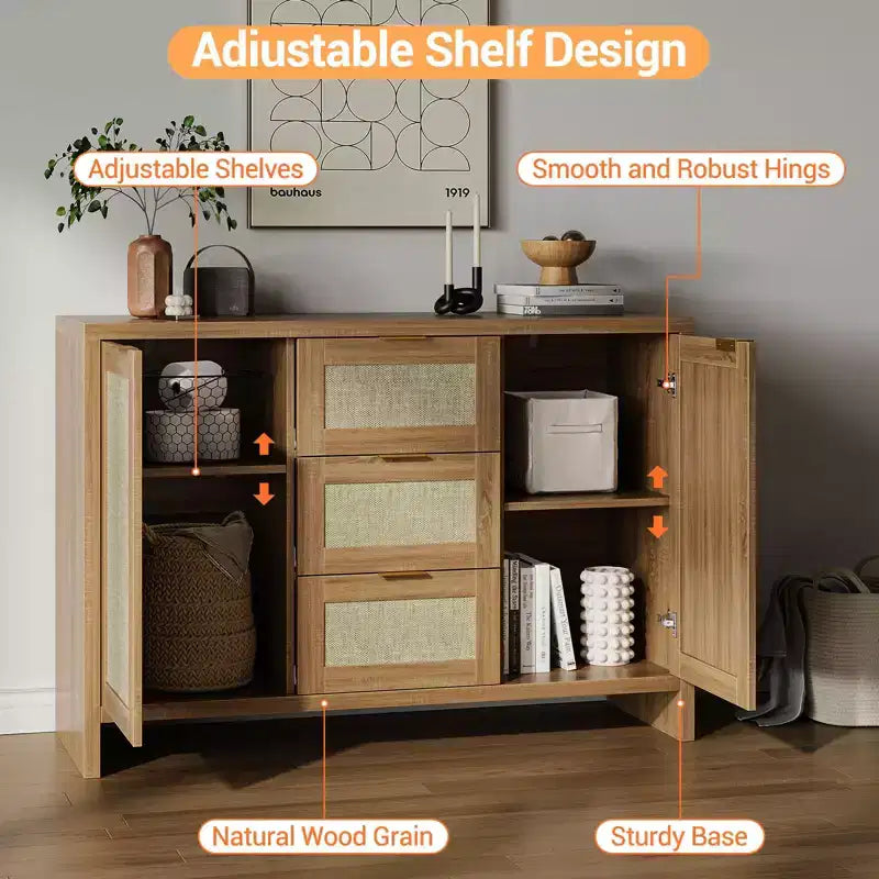 Mobile Buffet con Cassetti, Credenza Moderna in Rattan da 120 cm Stile Bohémien con 3 Cassetti/Ante, Ripiano Regolabile, Mobile Bar in Legno