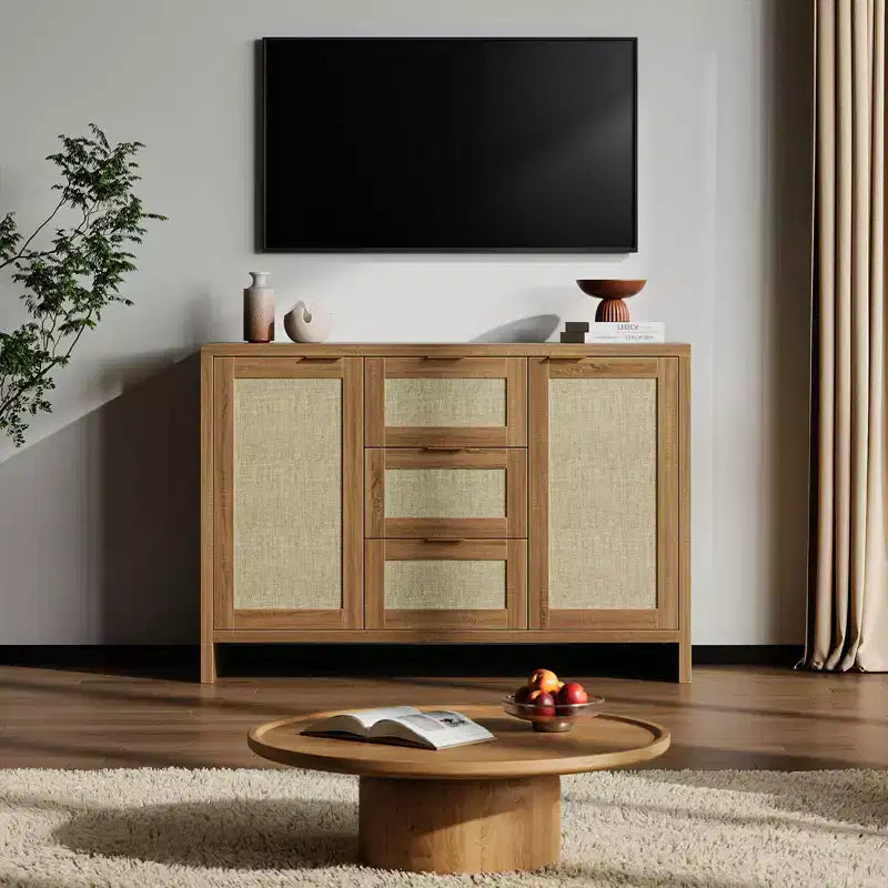 Mobile Buffet con Cassetti, Credenza Moderna in Rattan da 120 cm Stile Bohémien con 3 Cassetti/Ante, Ripiano Regolabile, Mobile Bar in Legno