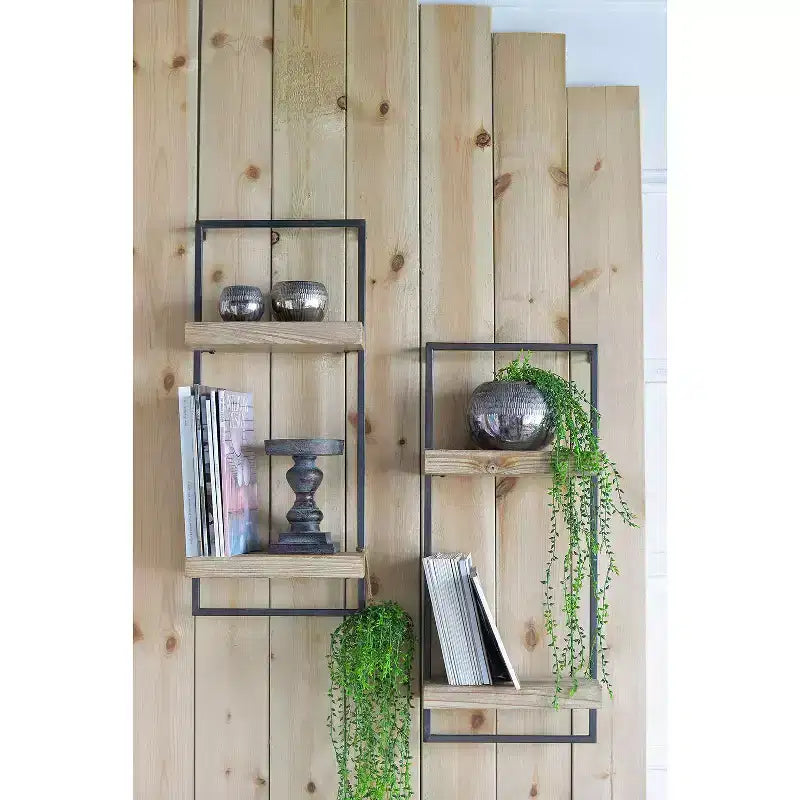 Mensola a Muro in Ferro e Legno con Due Ripiani 12x6x27