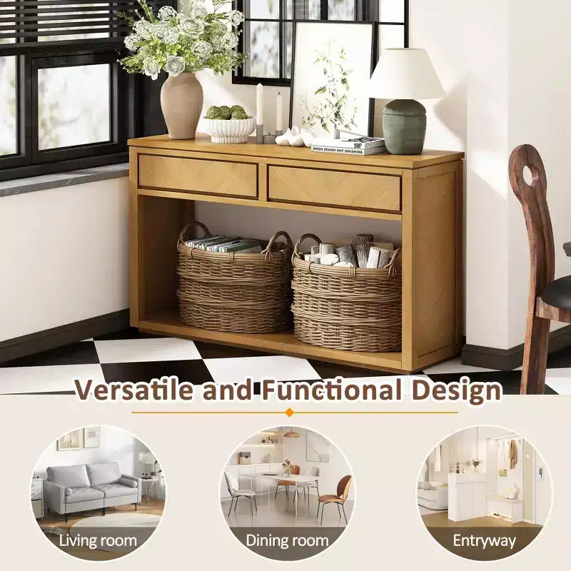 Tavolo Consolle Clihome 55, Tavolo d'Ingresso Rustico in Legno con Cassetti e Ripiano Aperto, Elegante Tavolo da Divano per Corridoio e Soggiorno