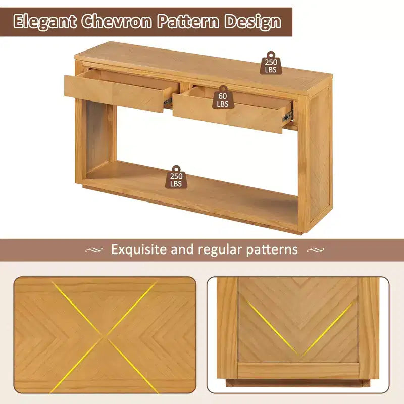 Tavolo Consolle Clihome 55, Tavolo d'Ingresso Rustico in Legno con Cassetti e Ripiano Aperto, Elegante Tavolo da Divano per Corridoio e Soggiorno