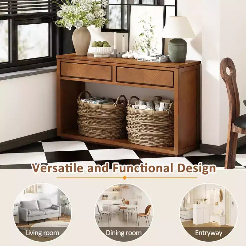 Tavolo Consolle Clihome 55, Tavolo d'Ingresso Rustico in Legno con Cassetti e Ripiano Aperto, Elegante Tavolo da Divano per Corridoio e Soggiorno