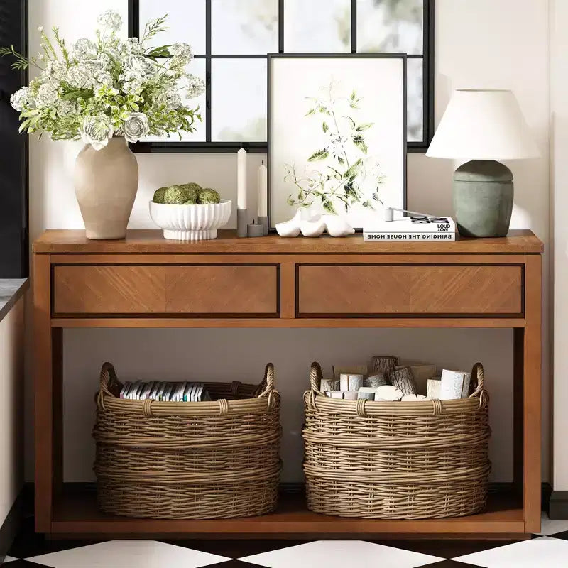 Clihome 55 Console Table, Rustic Wooden Entryway Table with Storage Drawers and Open Shelf, Elegant Sofa Table for Hallway and Living Room